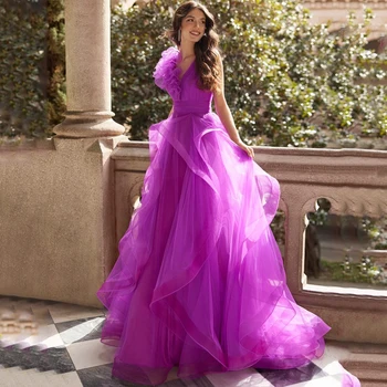 Виолетовият тюлевое рокля за бала с волани, трапециевидная гънка без ръкави, с дължина до пода, с неправилна форма, вечерна рокля за банкет, секси вечерна рокля с стреловидным влак