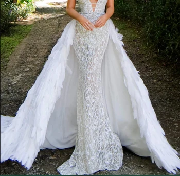 Горната пола от пера Сватбена рокля с влак сватбената пола, подвижна панделка в долната пола размер