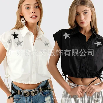 Тениска за жени, свободни летни дамски тениски с къс ръкав в формата на звезда, кратък топ с ревера и завязками тениска за жени
