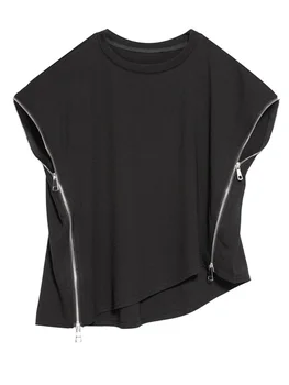 Дамски черни ежедневни тениска с цип с неправилна форма големи размери, нестандартен, през цялата деколте, без ръкави, мода Пролет-лято 2023, мека удобна
