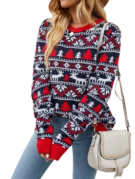 Женски празничен коледен пуловер с дълъг ръкав, кръгъл отвор, пуловер с снежинками и елени, трико