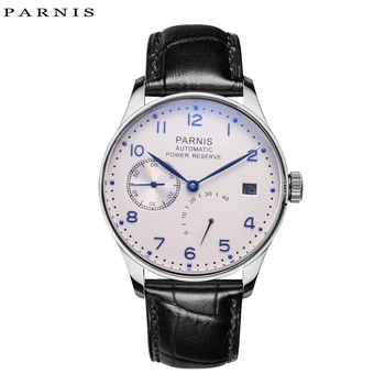 Модни механичен часовник в сребрист корпус Parnis 43 мм, мъжка кожена каишка, запас на хода, календар, водоустойчив автоматични часовници за самостоятелно ликвидация