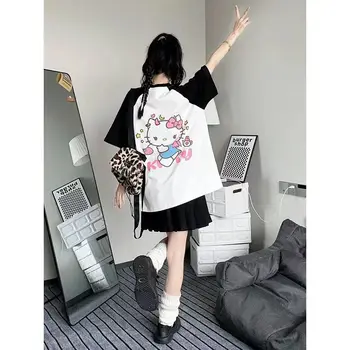 Sanrio Hellokitty, Отгоре с ръкав Raglan от 100% памук, с Еднакъв Цвят, Лятна Нова Универсална Тениска С Поставяне На рамото му и Къс ръкав