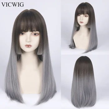 VICWIG Сив Омбре Директни синтетични дълги перуки с бретон за жени, естествена перука за cosplay в стил Лолита