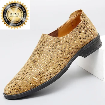 Луксозни пролетни мъжки лоферы за партита и нощен клуб, оригинални дизайнерски златни обувки от естествена кожа за мъже, големи размери： 38-48