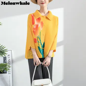 MelonWhale с флорални принтом 2023, лятна плиссированная яке, палто за жени, однобортные дамски блузи контрастен цвят с дълъг ръкав