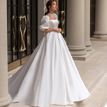 Луксозно атласное бална рокля, модел на сватбени рокли, потънала в ръкав, високо деколте, панделка сватбена рокля с пайети, апликации, Robe De Mariee