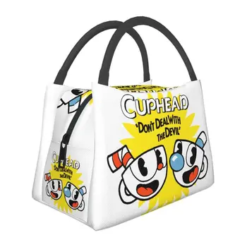 Гореща игра Cuphead Mugman Изолирани чанти за обяд за жени Фланец термоохладитель Чанта за обяд на Плажа на Къмпинг, за Пътуване