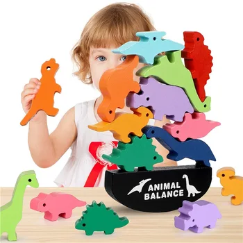 Детски дървени блокове за балансиране на животни Монтесори, игри на маса, играчка динозавър, технология на полагане, висок блок, с дървена играчка за момчета