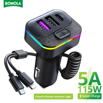 Зарядно за кола Bonola LED Light с Пружинным Кабел за Бързо зареждане на мобилни телефони, iPhone/Samsung USB Type A C с 3-Пристанищен изход за използване в автомобил