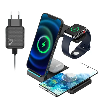Безжично Зарядно Устройство 4 в 1 Qi За iPhone 12 11 XR XS X 8 7 6 Док-станция за Бързо зареждане на Apple Watch 6 5 4 3 Airpods Pro