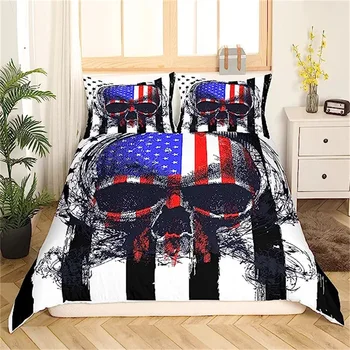 Американският флаг, е черно-бяла звезда и шарени одеяло, на тема Хелоуин, интериор на стаята с черепа, чаршаф, деца, юноши, мъже, червен, син