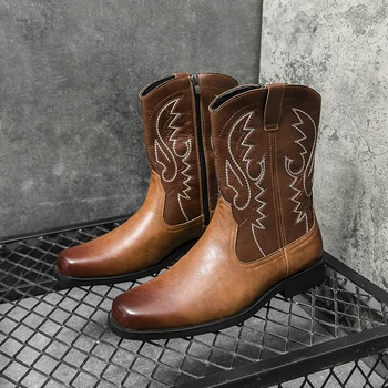 Каубойски ботуши в западен стил за мъже, кавалерийские мъжки обувки от изкуствена кожа с остри пръсти, къси ботуши с цип, размер 38-46, безплатна доставка, мъжки обувки