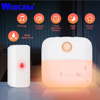 Безжичен звънец Wsdcam, 38 песни, светлинен сензор, led нощна светлина, водоустойчив домашен звънец, на 250 м, батерията на дистанционното управление не е включено в комплекта