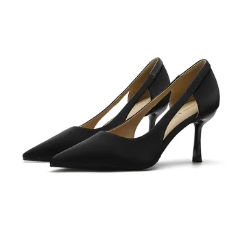 Обувки Летни дамски сандали в японски стил без скрепителни елементи от лачена кожа на тънък ток 7 см, елегантни дамски обувки за работа в офис, черен