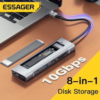 USB-хъб Essager 8 в 1 с функция за съхранение на диск, Съвместим с USB Type-c HDMI За докинг станция за лаптоп Macbook Pro Air M1 M2
