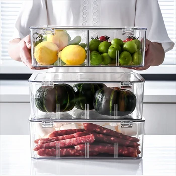 Простор за съхранение на плодове и зеленчуци с капак, Кухненски пластмасови контейнери за съхранение на багаж, домашни любимци, Хладилник за съхранение на продукти с прегради Бо