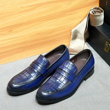 Мъжки модел обувки, луксозни и висококачествени удобни сини лоферы без обков, дизайнерски булчински мъжки офис официалната обувки