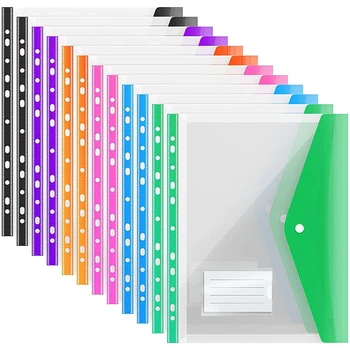 12 опаковки Пластмасова папка за файлове с формат А4, Разширяеми Перфорирани Джобове Формат А4 папки Формат А4, Със закопчалка на бутона И джоб за етикети