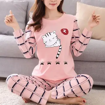 Зимна пижамный комплект с хубав модел от картун котка, женска пижама от две части с дълъг ръкав, бельо, пижамные комплекти за момичета