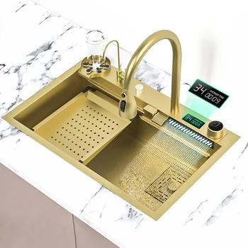 Кухненска мивка с водопад, златна мивка от неръждаема стомана, богат на функции мивка, смесител с водопад, кухненски аксесоари за декорация на кухня