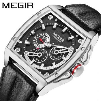 MEGIR 2023 Нови бизнес квадратен часовник с квадратен циферблат, ежедневни мъжки светещи часовници, богат на функции хронограф, водоустойчив, стоманена каишка, кварцов механизъм кожена