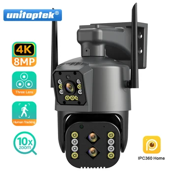 Unitoptek 4K 8MP PTZ IP камера с три лещи, с двоен екран, Wi-Fi, външна камера за сигурност, откриване на лице, автоматично проследяване, 10-кратно оптично увеличение