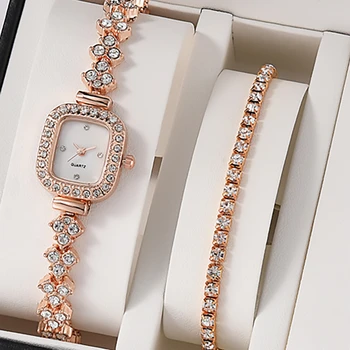 Луксозни лъскави дамски часовници със стоманена гривната, модерен дизайн с квадратна корпус, луксозни дамски кварцов часовник с диаманти