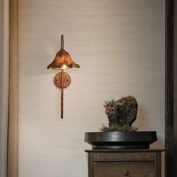 Новият китайски монтиран на стената лампа във формата на листа на лотос в Дзен стил, творческа личност, чайна в семейството, спалня, коридор, фон, с монтиран на стената лампа
