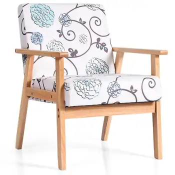 Costway Модерно кресло за отдих, с акцент, тканевое стол за почивка с прическа от каучуково дърво, бяло и синьо в цветенце