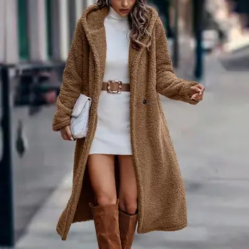 Модерно зимно палто, шапка, вълнена дамско зимно палто с джобове, меко зимно палто