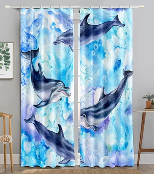 Нови евтини мультяшные морски животни Акула, делфин, риба, октопод 3D печатна тънка завеса за детска спалня 2 панела защита от слънцето
