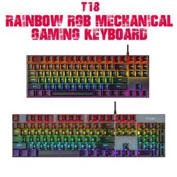 Механична клавиатура T18, 87 клавиши, RGB, светещ клавиатура, проводна USB, защита от пръски вода, поддръжка на отблясъците, детска клавиатура с подсветка зелената ос
