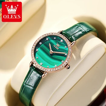 OLEVS Малки зелени часовници Случайни модерен компактен циферблат с диаманти, висококачествен тънка каишка, кварцов часовник, дамски часовници, водоустойчиви 6628