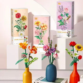Букет от Изкуствени Цветя Набор от Градивни Блокове Мини Цветя на Строителни Комплекти за Подаръци САМ Строителни Тухли за Възрастни/Юноши С кутия