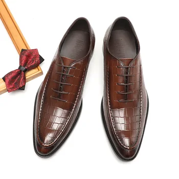 Мъжки официалната бизнес кожени обувки с крокодиловым модел, мъжки обувки от естествена кожа, черна и кафява дизайнерски обувки Оксфорд дантела