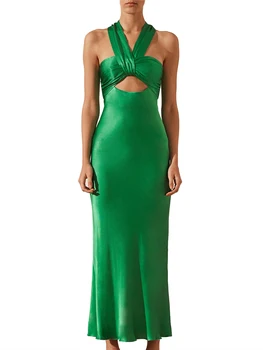 2023, Женски лятото приталенное зелено дълга рокля, модерни сексуално винтажное рокля без ръкави с деколте лодка, рокли за официални събития