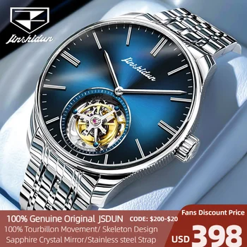 Мъжки часовник JSDUN Tourbillon с луксозен скелетоном, водонепроницаемое сапфирен огледало, сини мъжки автоматично механични часовници е от неръждаема стомана