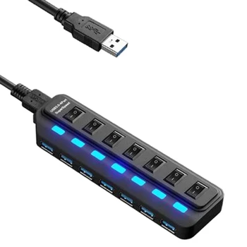 Преносим хъб USB 3.0, сплитер, удължител, 7-портов USB ултра тънък концентратор за пренос на данни с личен ключ за захранване и led подсветка
