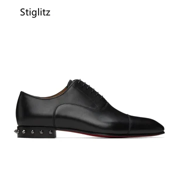Мъжки кожени мъжки ежедневни обувки, ръчно изработени с шипове и нитове, бизнес офис модела обувки на дантела-за мъже, обувки-oxfords върху плоска подметка