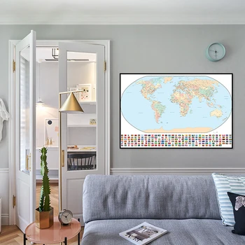 Карта на света, 84*59 cm Стенни художествена картина върху платно без рамка, плакат и щампи, ученически пособия, декорация за дома в спалнята