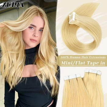 ZURIA 100% Лента за изграждане на човешки косъм, изкуствена коса, естествена пряка мини/с плоска глава, патица, лигав комплект за жени, златни перуки