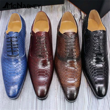 Бизнес обувки от змийска кожа, мъжки модела обувки от естествена кожа, класически обувки-дерби дантела, обикновена луксозни офис обувки на плоска подметка