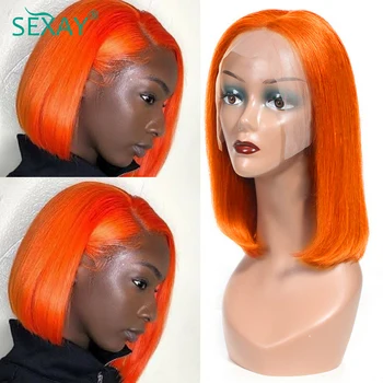 Оранжево-имбирные перуки, изработени от човешка коса 13x4 HD, прозрачна дантела пред перука, предварително оцветени двойна кратък боб, дантелени предната перуки