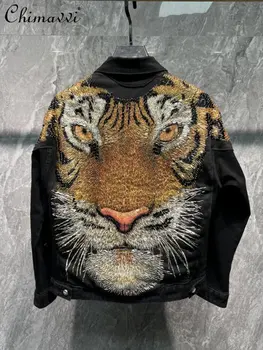 Модни деним яке с тигровым мъниста, мъжки есенна новост 2023, европейски стоки, специална сако с ревери, градинска дрехи, дънкови палто