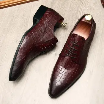 Луксозни Мъжки Кожени Обувки Дантела С Остри пръсти и шарките на Крокодилска кожа, Черни Мъжки Oxfords, Бизнес и Сватбени Ежедневни Мъжки Модел Обувки