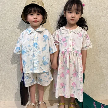 Летни комплекти дрехи с цветен модел за момчетата в корейски стил, дантелено рокля с отложным яка и пищните ръкави за момичета, костюм на брат и сестра
