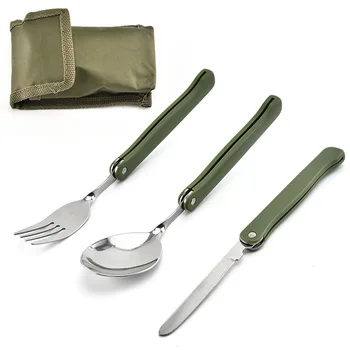 Портативен сгъваем комплект прибори за хранене от неръждаема стомана, вилица, нож с пентагонът зелен калъф, чанта за оцеляване в сражение, контейнер за прибори за хранене на открито