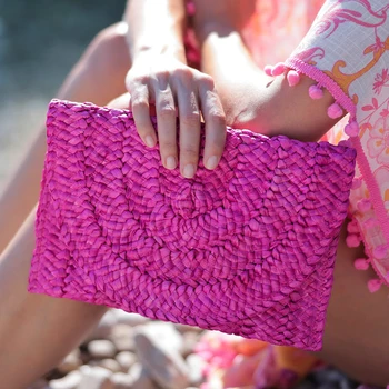 Модерен слама клатч за жени, тъкани торби от царевично кожа, цветни лятна плажна чанта, всекидневни плик, портмонета за монети за мобилни телефони 2023