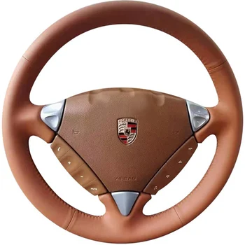 За Porsche Cayenne 2003-2010 зашити на ръка износостойкая кафява кожена покриване на кормилното колело на Аксесоари за интериора